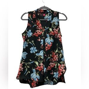 New! Vince Camuto floral chiffon sheer sleeveless v-neck blouse, black, small